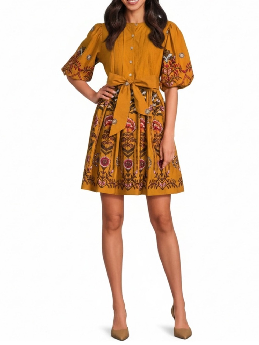 A Loves A Woven Floral Puff Sleeve Button Front Belted A-Line Flounce Dress NWT - Picture 2 of 16
